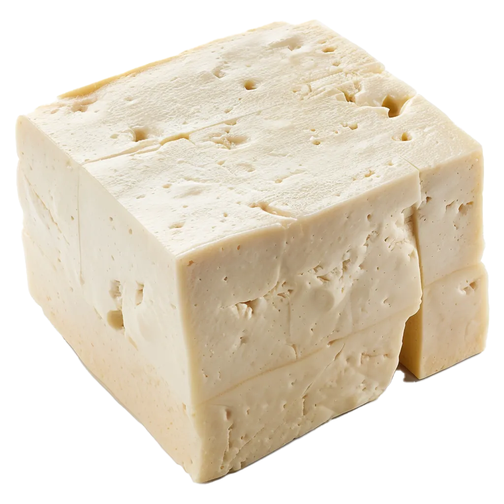 Ein Block cremiger Tofu mit kleinen Löchern.