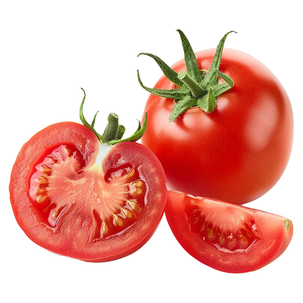 Zwei Tomaten, eine halbiert, eine Scheibe.