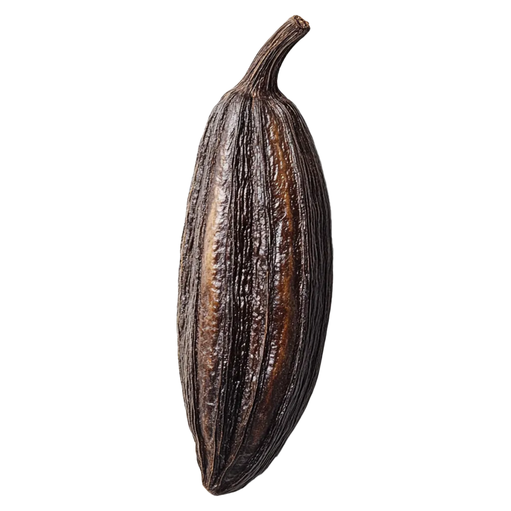 Eine dunkle, geriffelte Vanilleschote auf schwarzem Hintergrund.