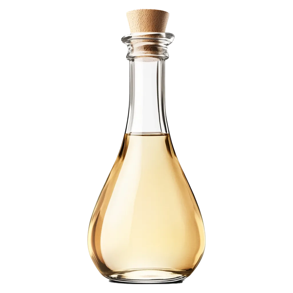 Eine Glasflasche mit Korken und gelblicher Flüssigkeit.