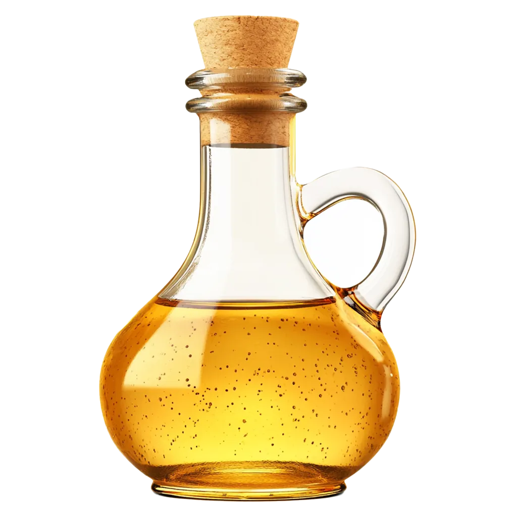 Glasflasche mit goldenem Öl und Korken.