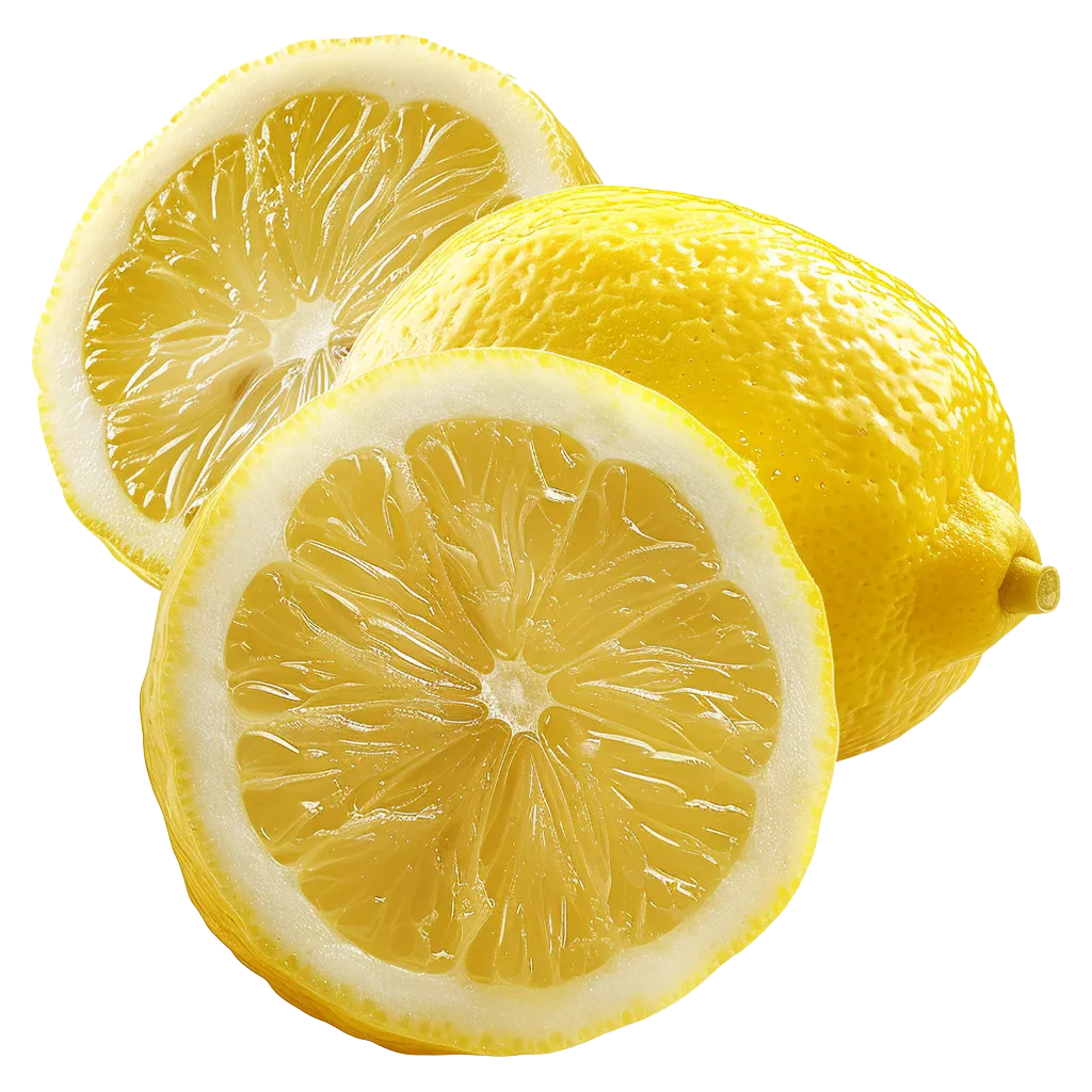 Zwei Zitronenscheiben und eine ganze Zitrone.