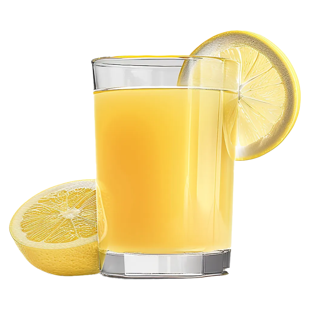 Glas mit gelbem Getränk und Zitronenscheibe.