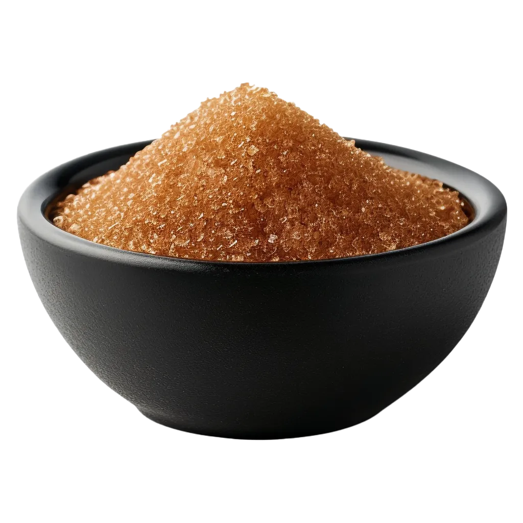 Brauner Zucker in einer schwarzen Schüssel.