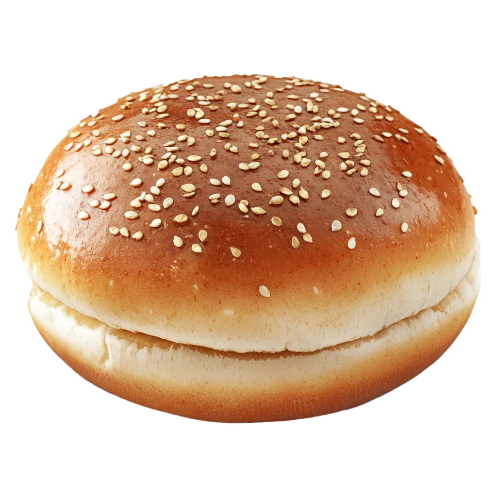 Ein goldbraunes Burgerbrötchen mit Sesam.