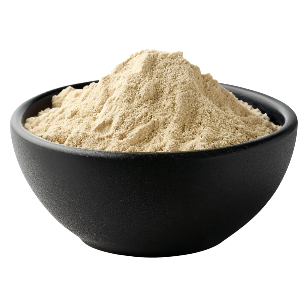 Feines, hellbraunes Pulver in schwarzer Schale.