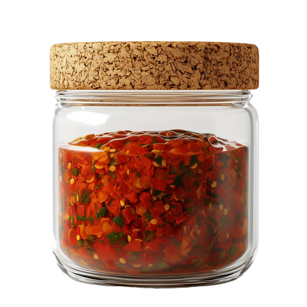 Glas mit Chiliflocken und Korkdeckel.