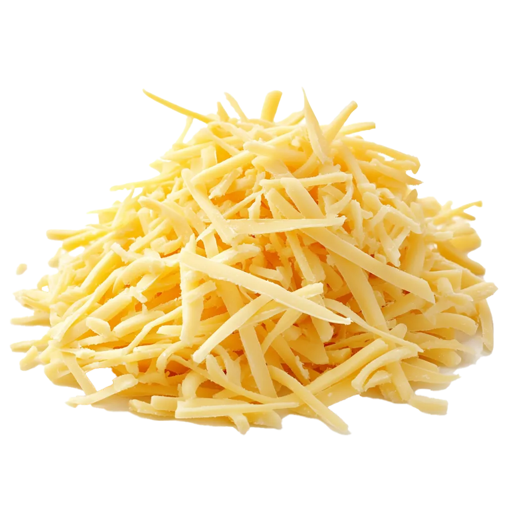 Ein Haufen geriebener gelber Käsefäden.