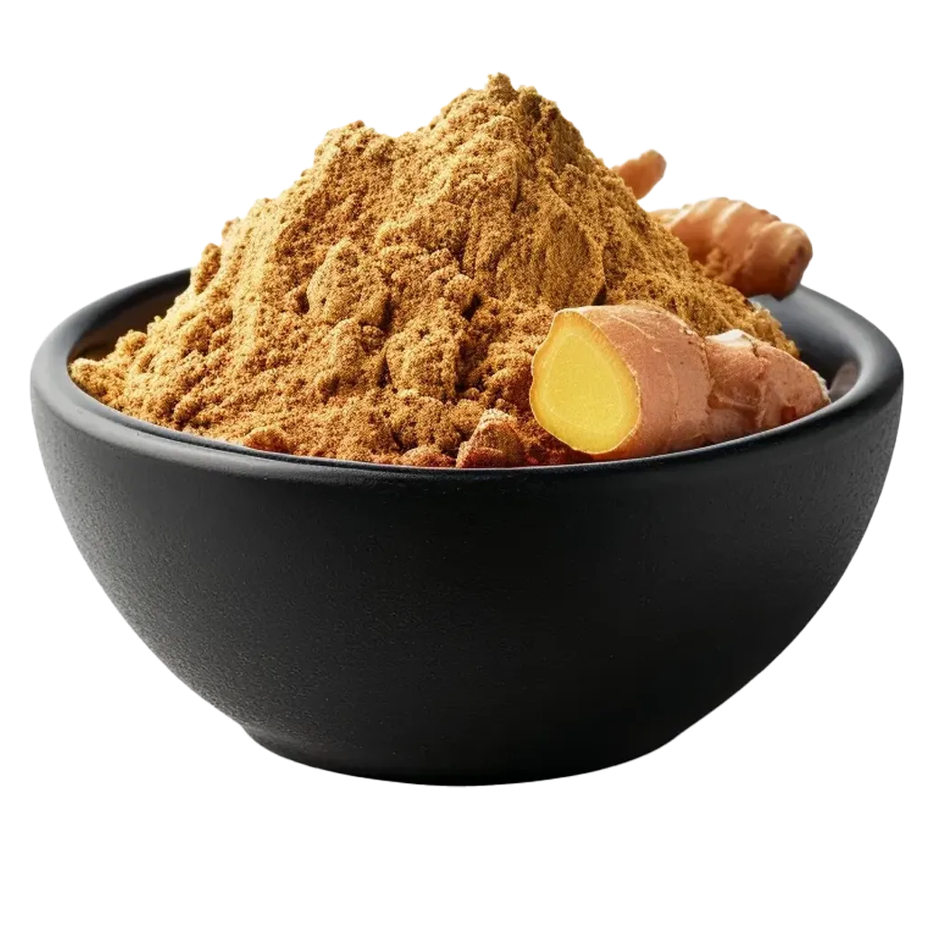 Ingwerpulver und frischer Ingwer in einer Schale.