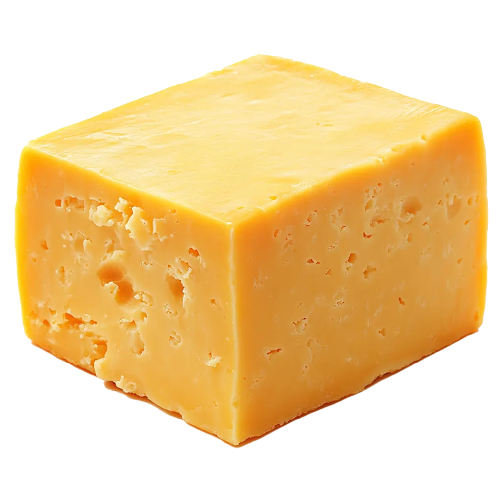 Ein Block gelber Käse mit kleinen Löchern.