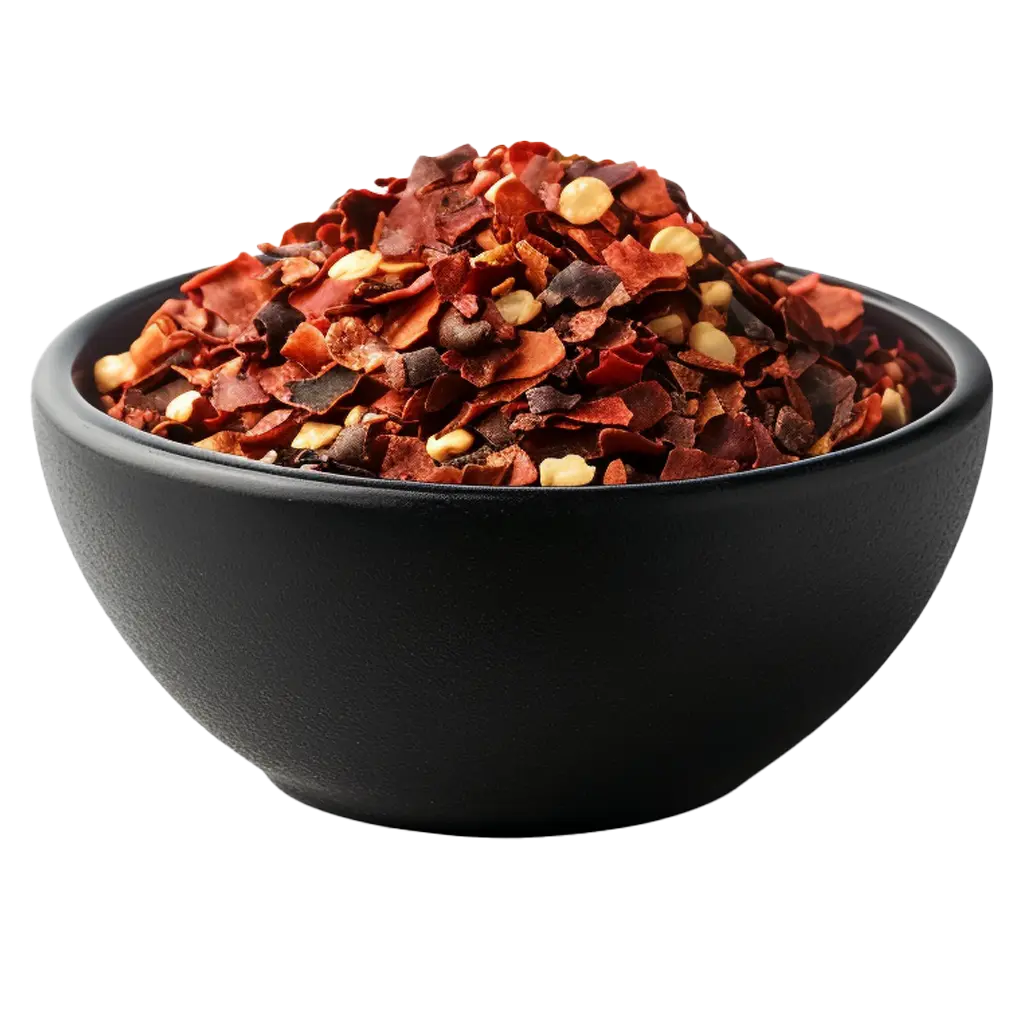 Schwarze Schale mit Chiliflocken gefüllt.