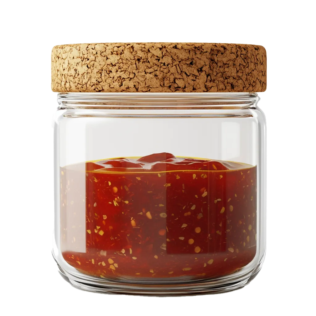 Glasgefäß mit roter Chilisauce und Korkdeckel.