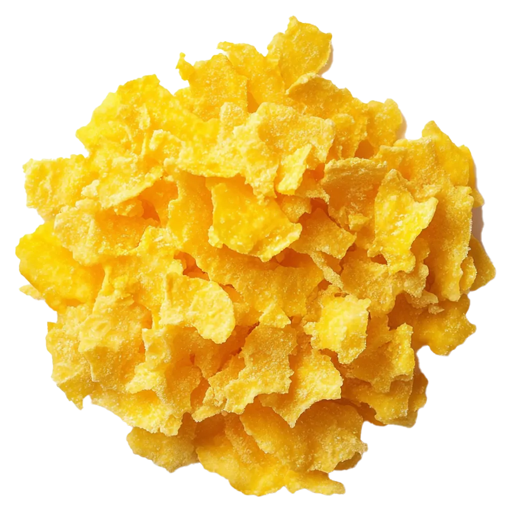 Haufen gelber Cornflakes auf schwarzem Hintergrund.