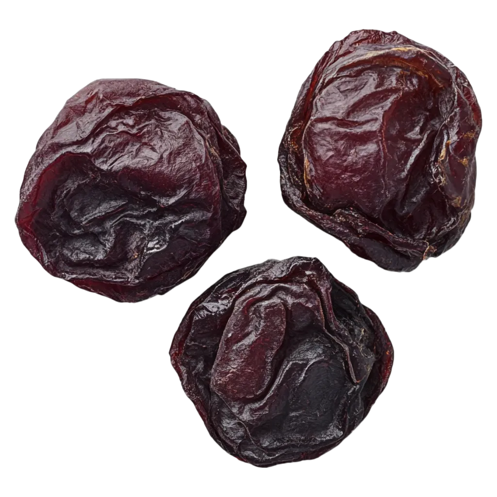 Drei getrocknete dunkle Kirschen auf schwarzem Hintergrund.