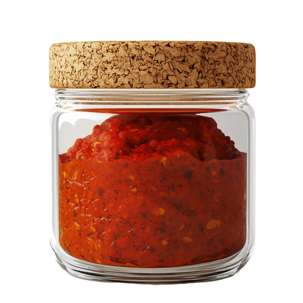 Glasgefäß mit roter Paste und Korkdeckel.