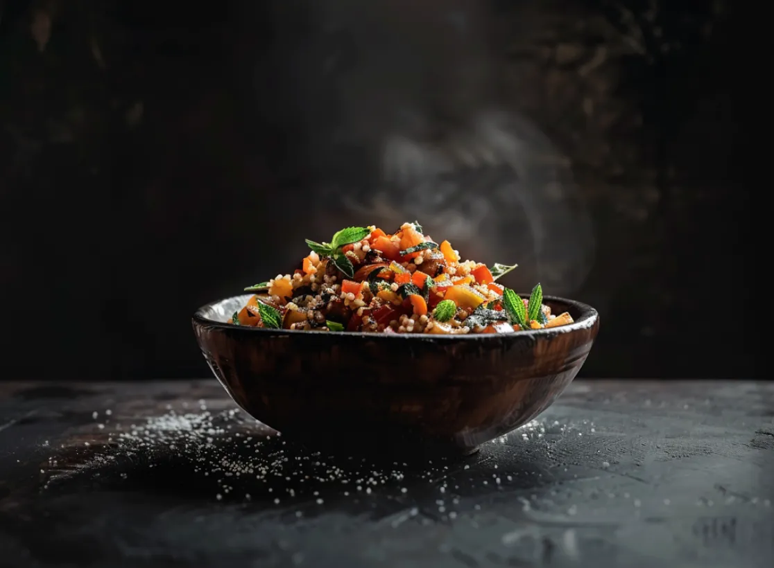 Schüssel mit dampfendem Couscous und Gemüse.