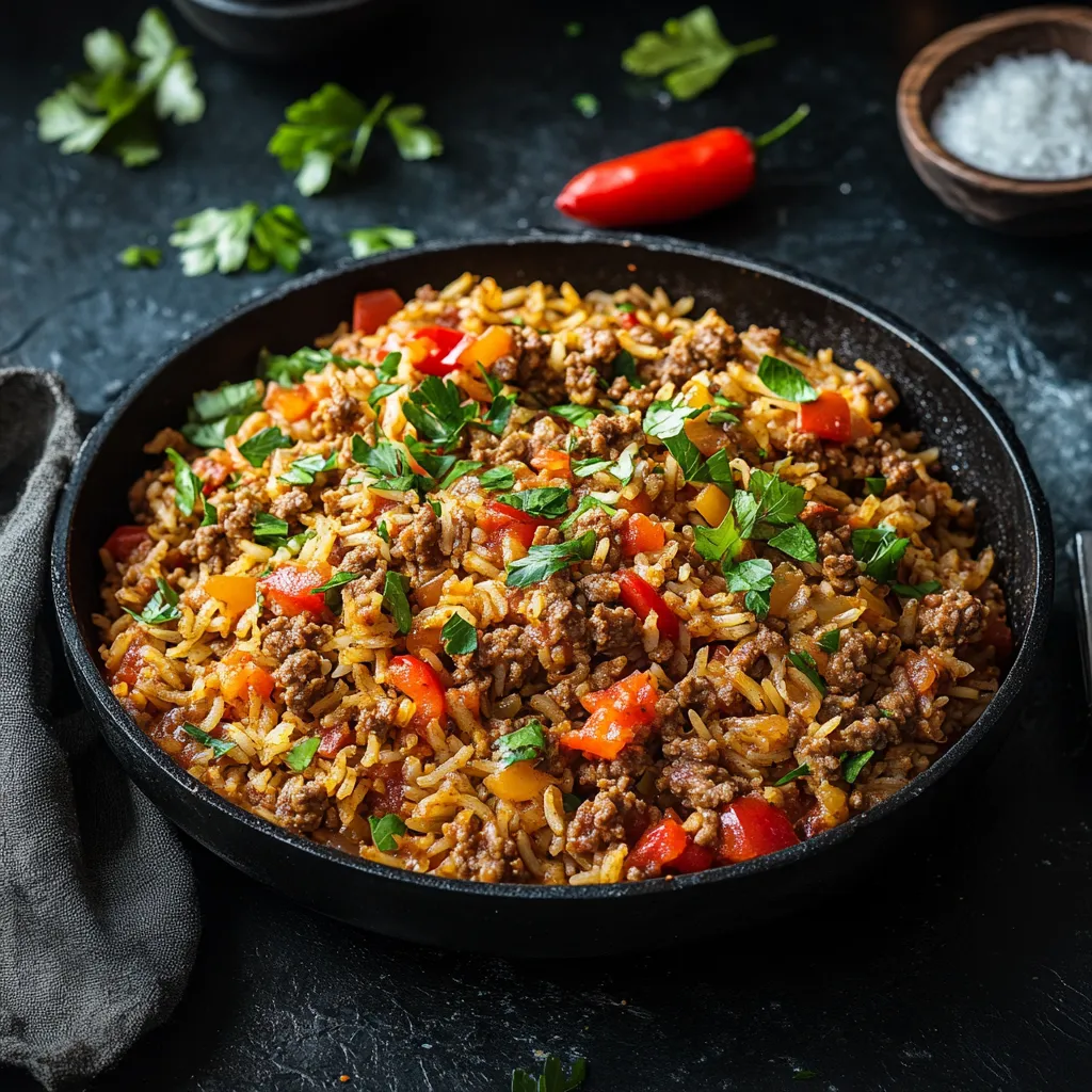 Reispfanne mit Hackfleisch und Paprika.