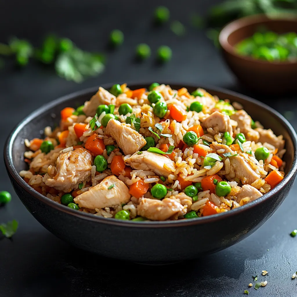 Reis mit H&uuml;hnchen, Erbsen und Karotten.