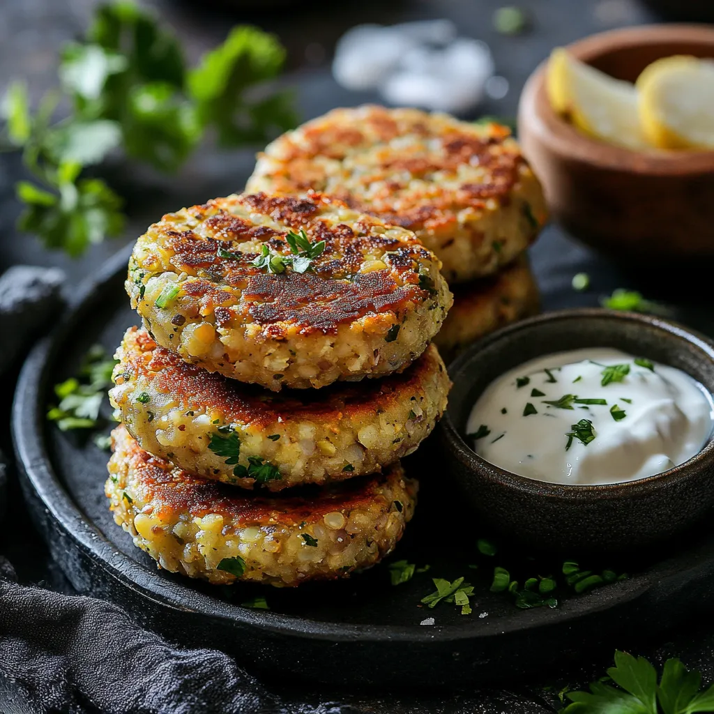Gestapelte Linsen-Patties mit Dip und Zitrone.