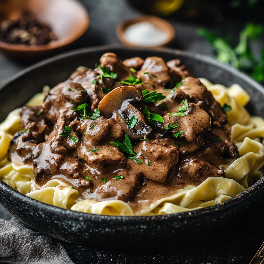 Rindergulasch mit Pilzen auf Bandnudeln.