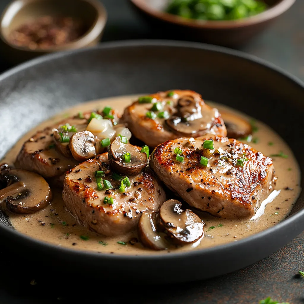 Schweinefiletmedaillons in Pilzrahmso&szlig;e mit Schnittlauch.