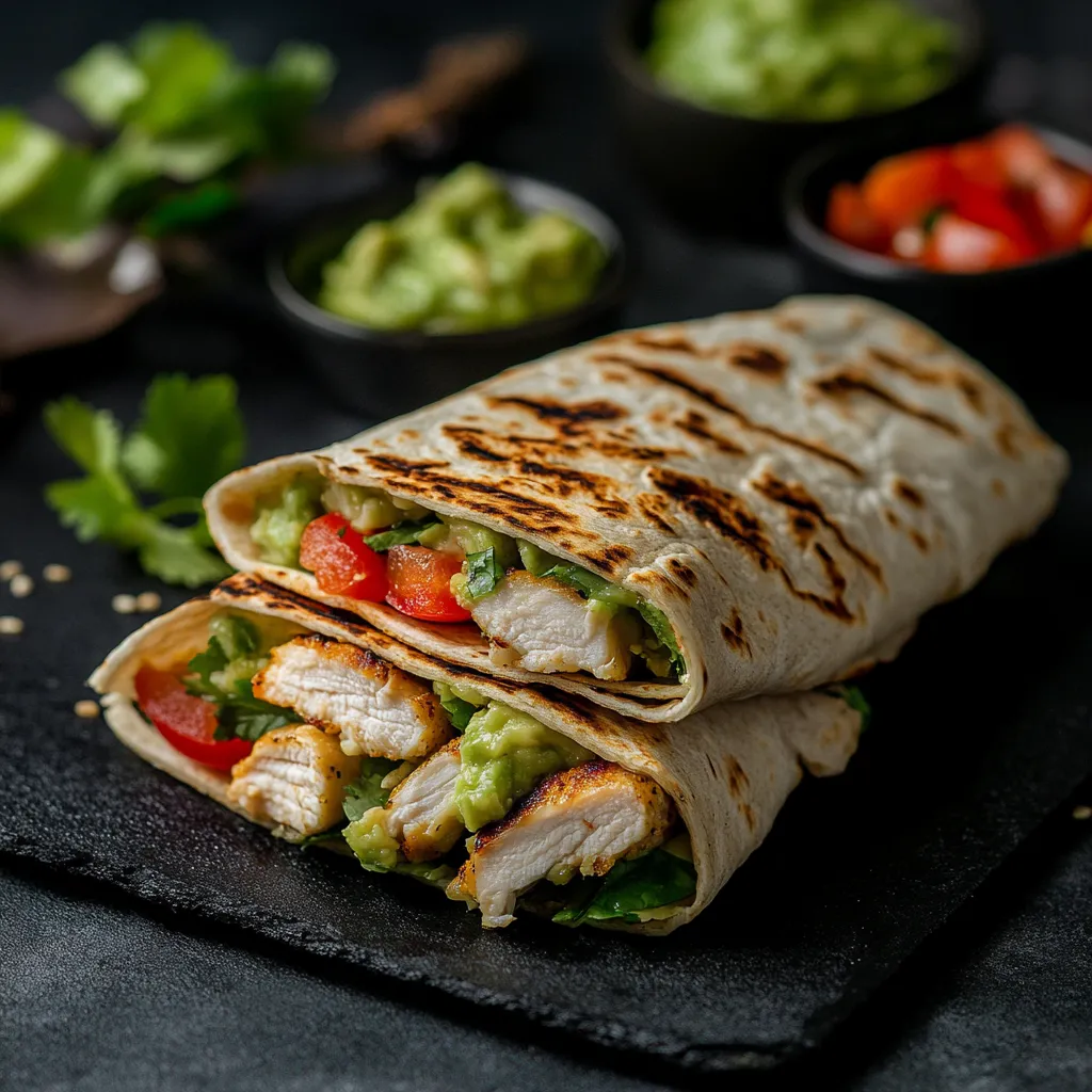 Zwei H&auml;hnchen-Wraps mit Guacamole und Tomaten.