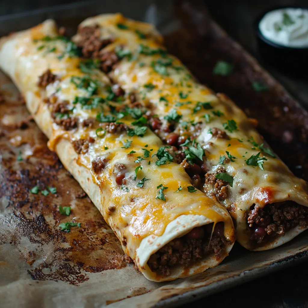 Zwei &uuml;berbackene Burritos mit Hackfleisch und K&auml;se.