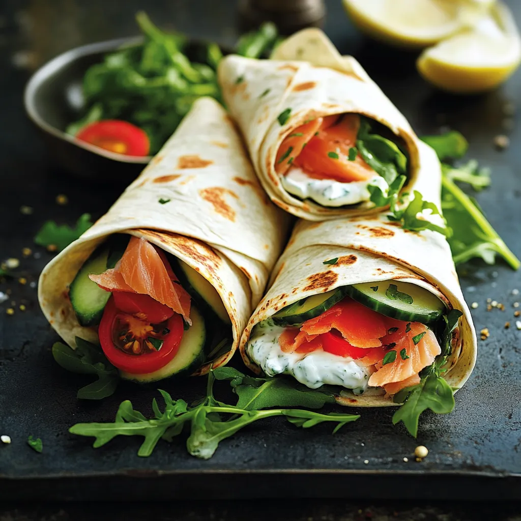 Wraps mit Lachs, Gurke und Tomate.