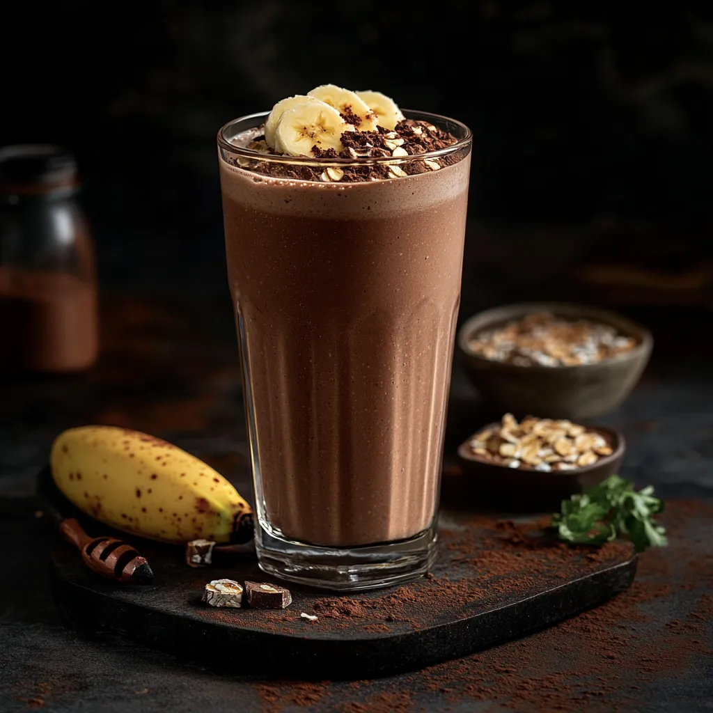 Schokoladen-Bananen-Shake mit Haferflocken und Bananenscheiben.