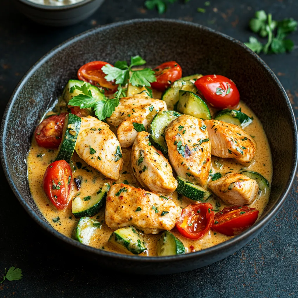 H&auml;hnchen mit Zucchini und Tomaten in Sauce.