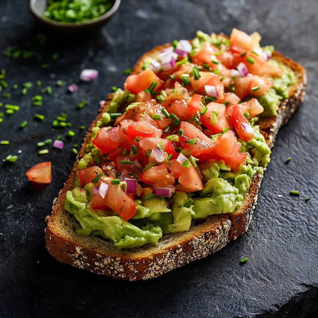 Avocado-Toast mit Tomaten und Zwiebeln.