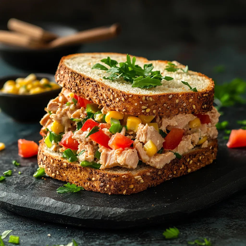 Thunfischsalat-Sandwich mit Mais und Tomaten.
