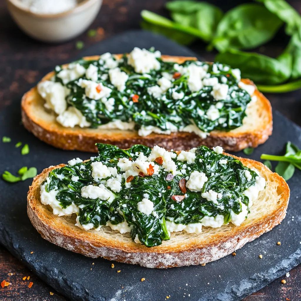 Zwei Scheiben Brot mit Spinat und K&auml;se.