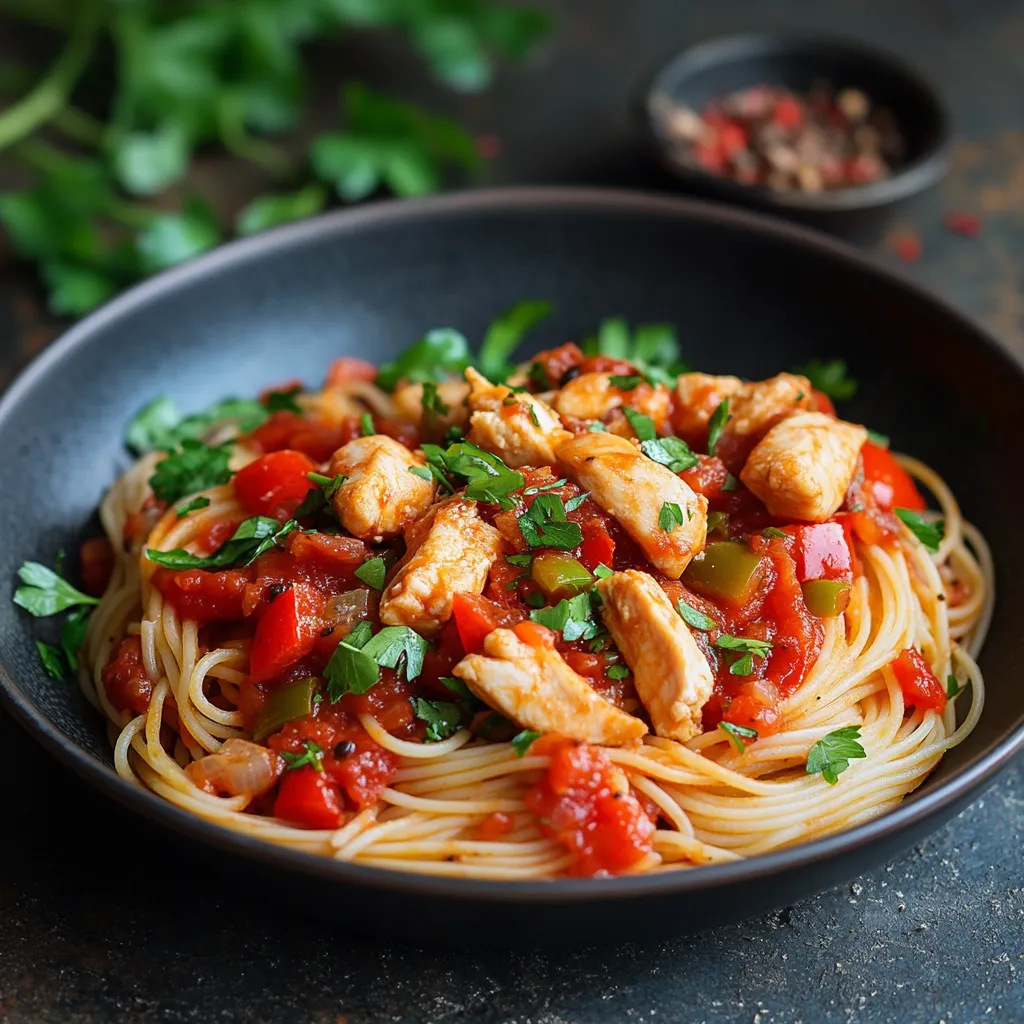 Spaghetti mit H&auml;hnchen und Tomatenso&szlig;e.