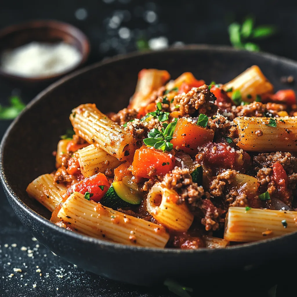 Nudeln mit Hackfleischsauce und Gem&uuml;se.