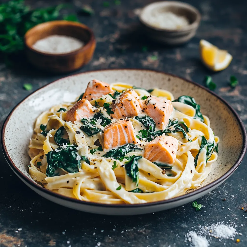 Fettuccine mit Lachs und Spinat in cremiger Sauce.