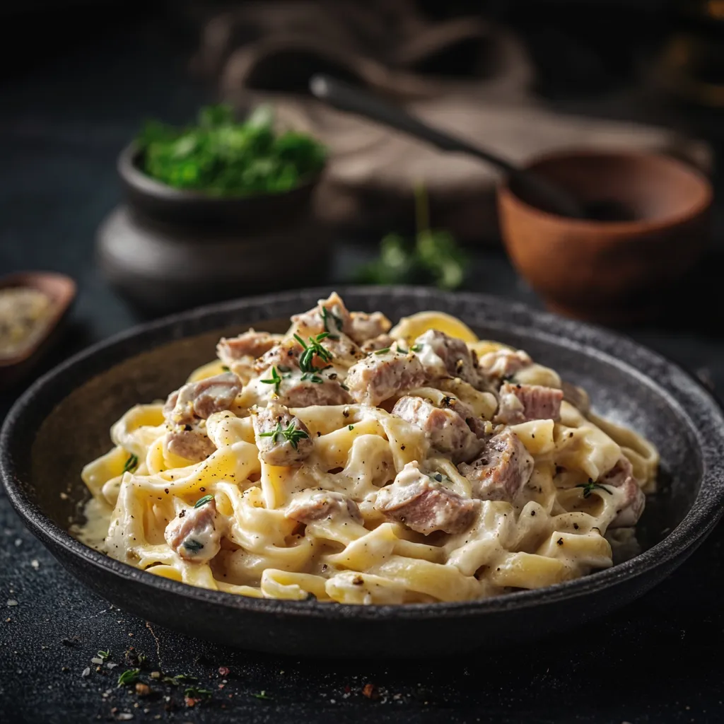 Cremige Pasta mit Wurstst&uuml;ckchen und Kr&auml;utern.