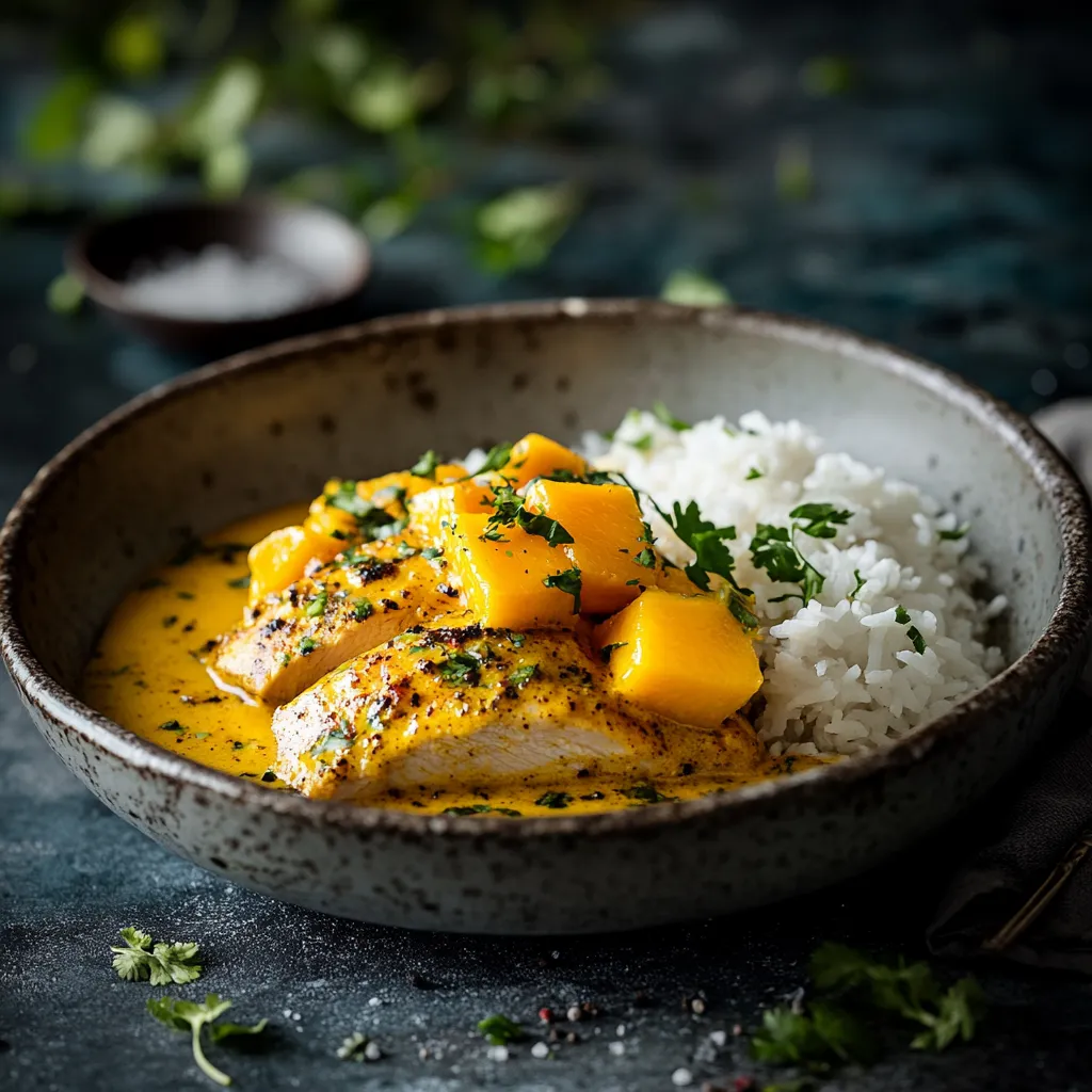 H&auml;hnchen-Curry mit Mango und Reis.