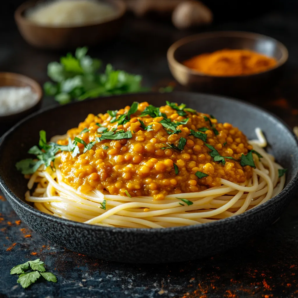 Spaghetti mit Linsensauce und Petersilie.