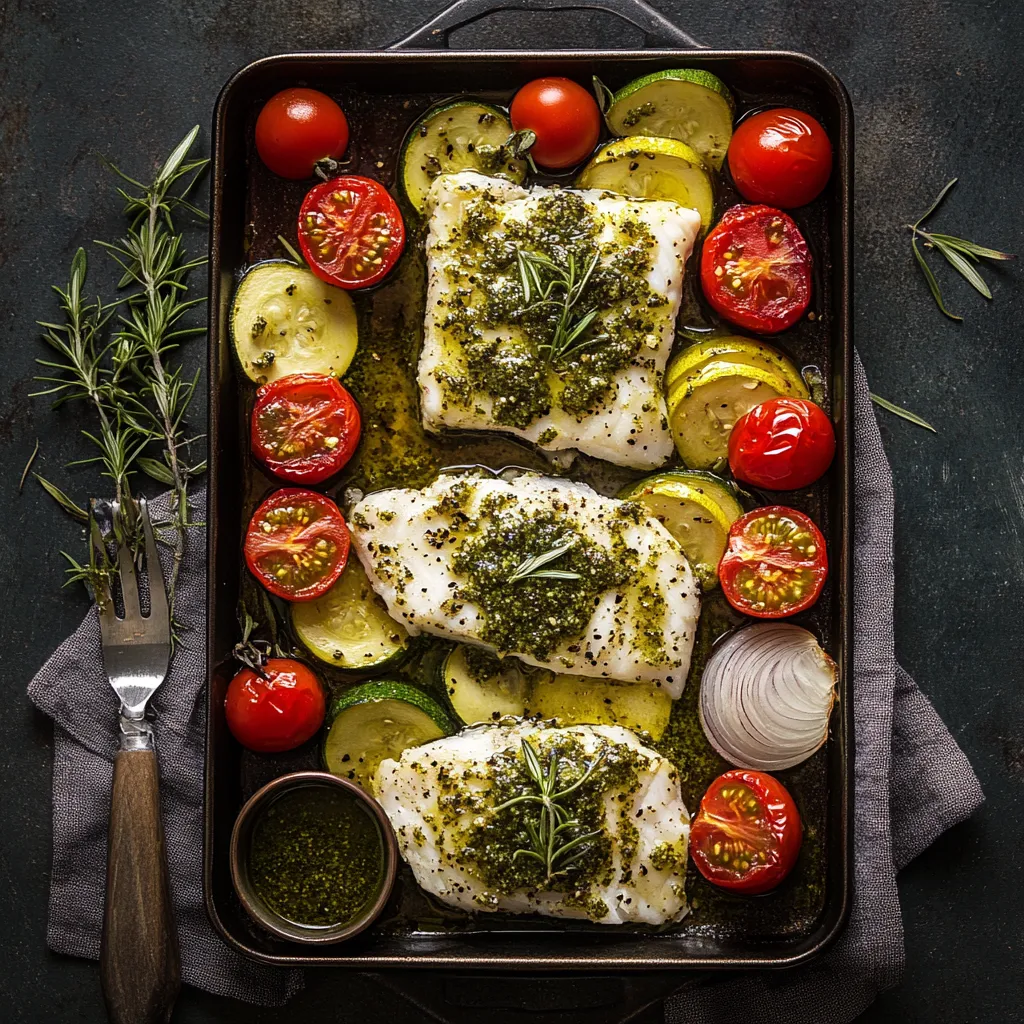 Fisch mit Gem&uuml;se auf einem Backblech.