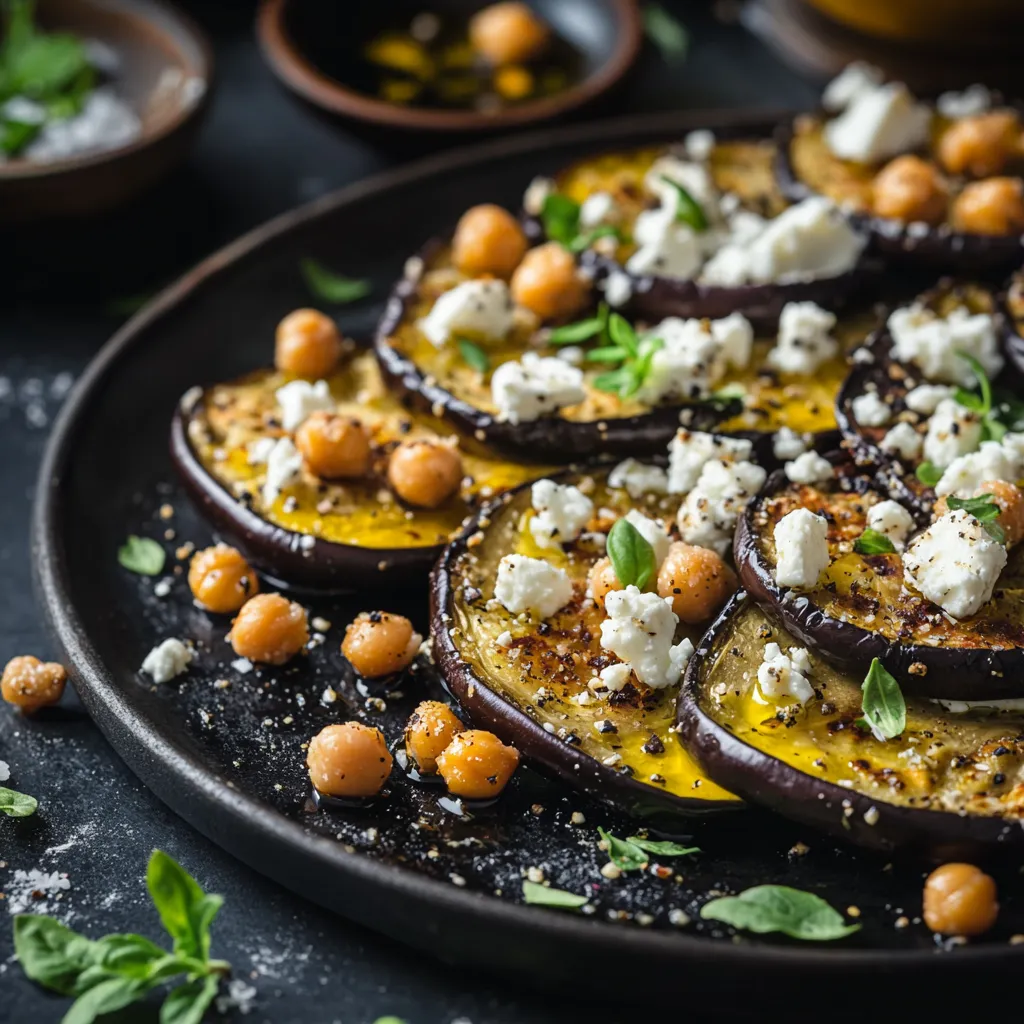 Auberginenscheiben mit Kichererbsen und Feta.