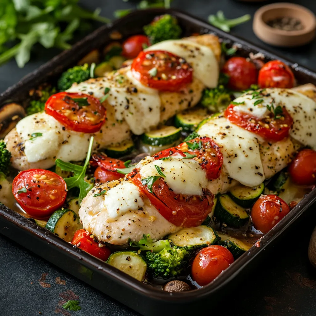 H&auml;hnchen mit geschmolzenem K&auml;se und Gem&uuml;se