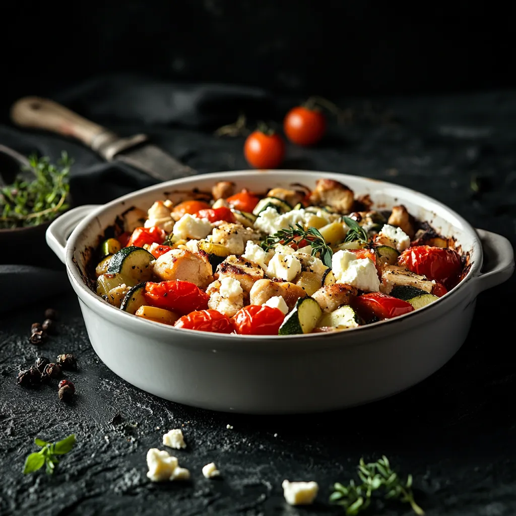 Ofengericht mit H&auml;hnchen, Gem&uuml;se und Feta.