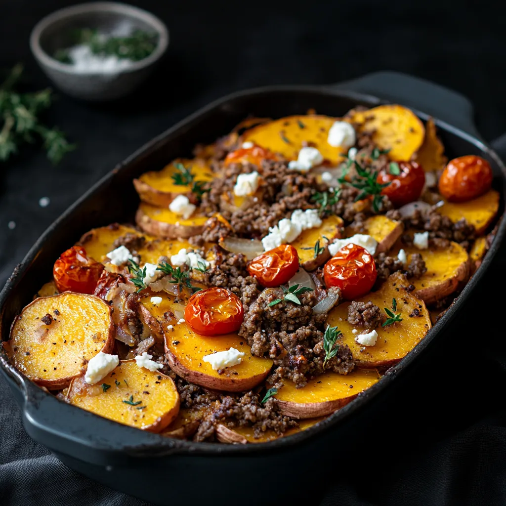 Auflauf mit S&uuml;&szlig;kartoffeln, Hackfleisch und Tomaten.