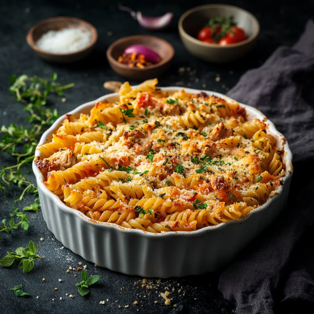 Gebackene Nudeln mit Tomaten und K&auml;se.