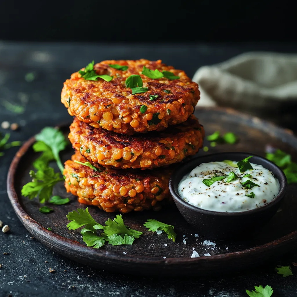 Gestapelte Linsenbratlinge mit Dip und Petersilie.