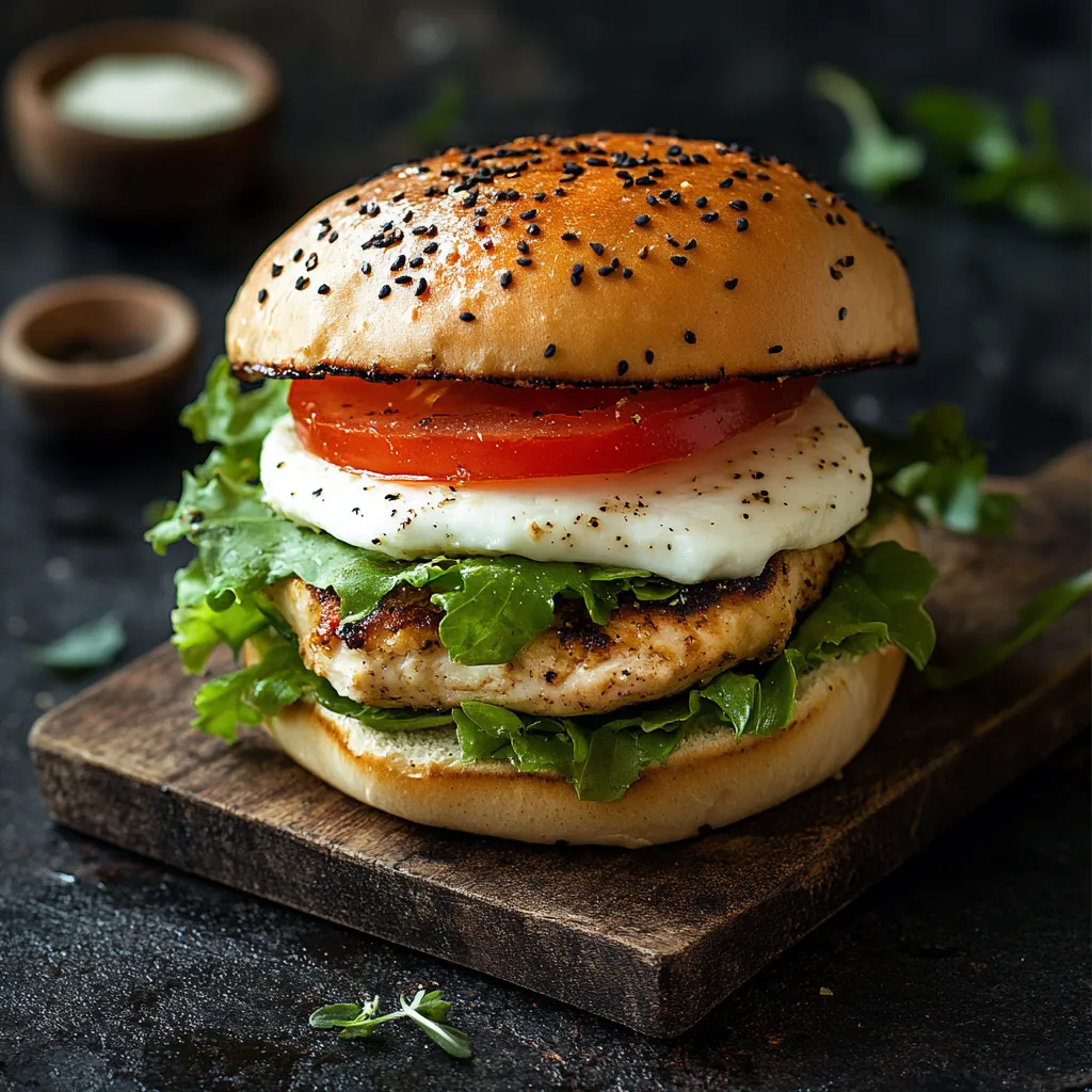 Ein Burger mit H&auml;hnchen, Tomate und Mozzarella.