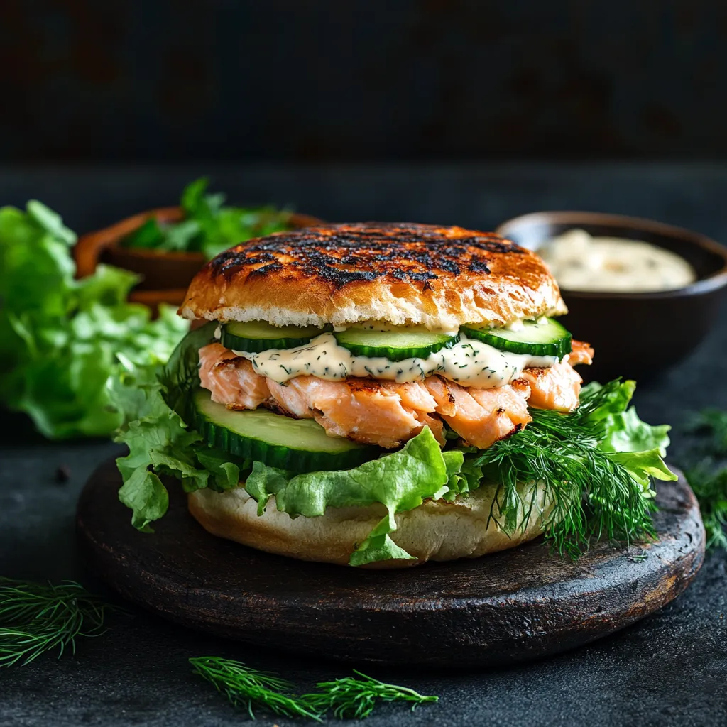 Lachsburger mit Gurken und Dill.