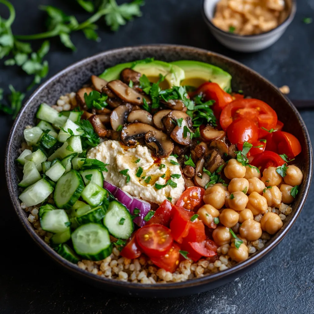 Bunter Buddha Bowl mit Hummus und Gem&uuml;se.