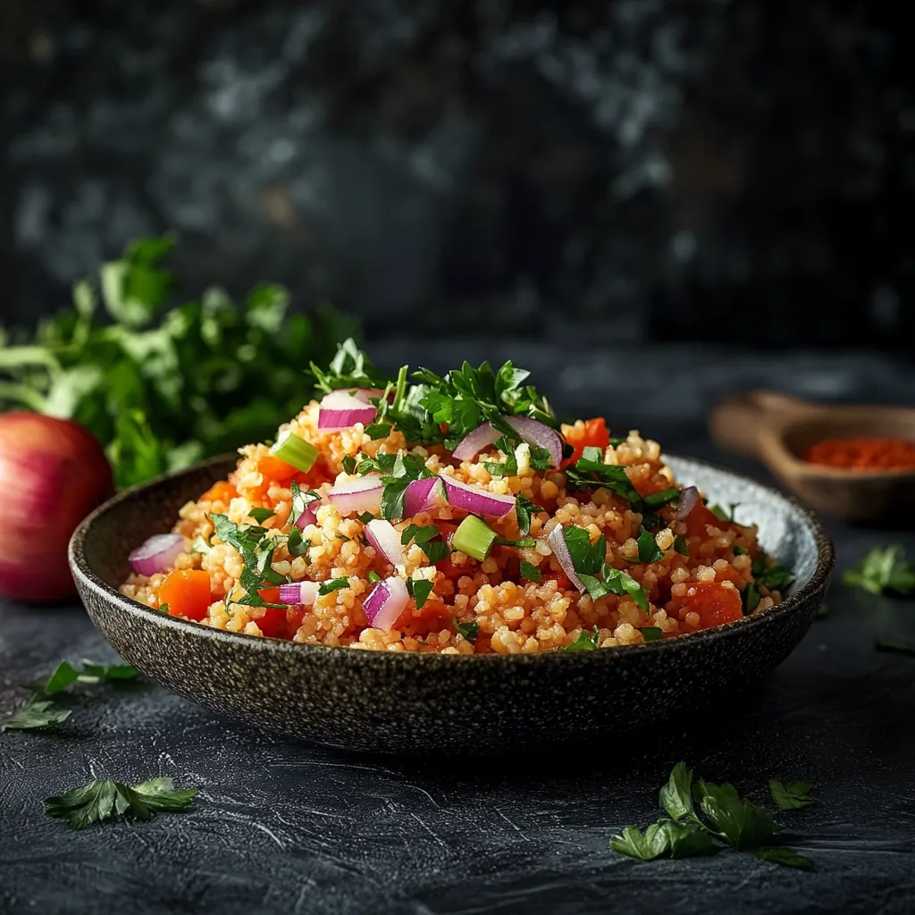 Bunter Bulgursalat mit Zwiebeln und Petersilie.